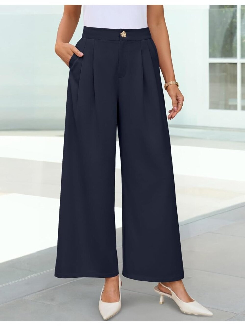 Women's Navy Wide Leg High Waisted Casual Loose Flowy Fashionable Palazzo Pants - Picture 3 of 6